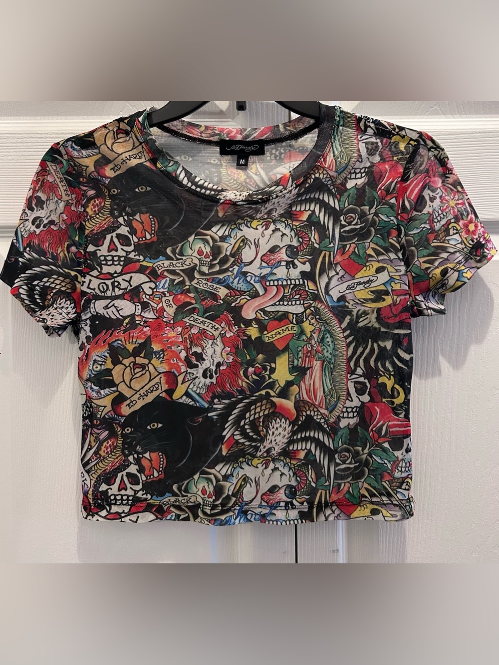 Ed Hardy Y2K Tattoo Graphic Print Sheer Mesh Tee